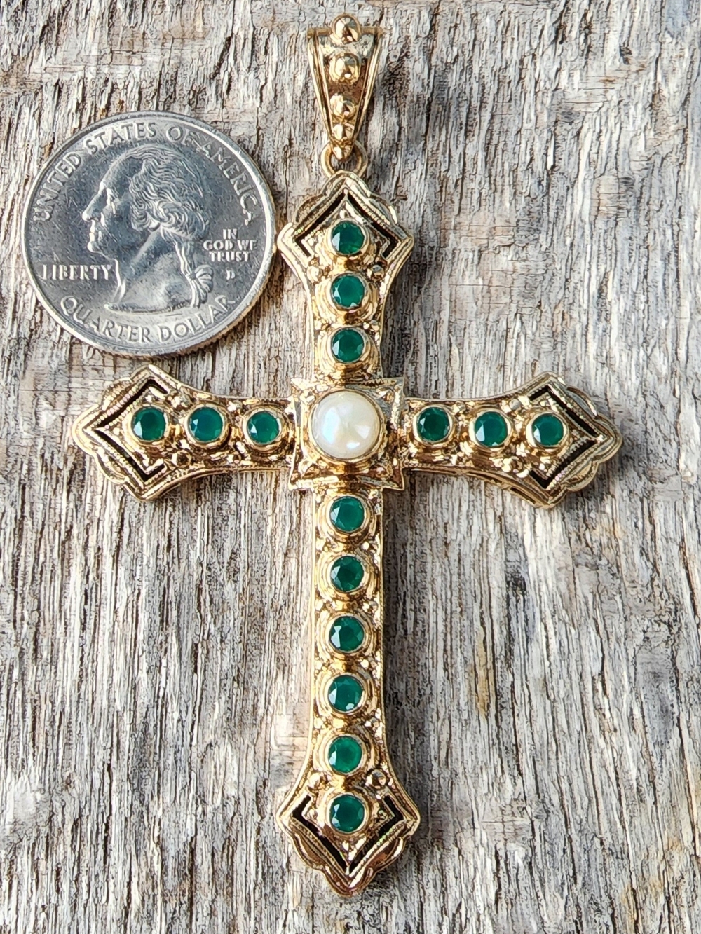 Nicky Butler Designer Signed Cross Large Pendant Bronze Green Chalcedony 3" NWT